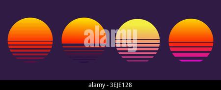 Retrowave Sonne, Sonnenuntergang oder Sonnenaufgang im Stil der 80er Jahre. Vaporwave, Sonne, Strand, Retro, Sonnenuntergang auf dunklem Hintergrund. Ein Satz glühender Sonne. SCI-fi, abstraktes Cyber-Poster, Druck. Vektorabbildung Stock Vektor