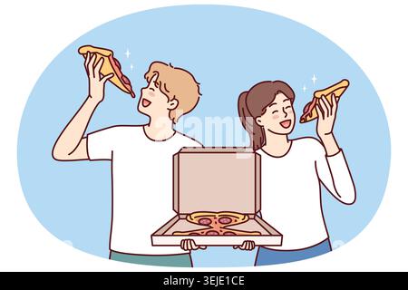 Mann und Frau essen Pizza mit einer Schachtel italienischer Snacks und stillen gemeinsam Hunger Stockfoto