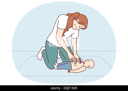 Frau, die beim Säugling eine HLW-Massage durchführt und erste Hilfe bei Herzinfarkt oder Beleidigung leistet. Stockfoto