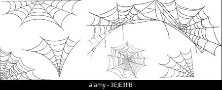 Gotische Netzsilhouetten, Dekorationsrand, gruseliges Hängeset. Spinnennetz halloween Rahmen. Halloween Spinnweben, Corner Web Kollektion. Vektorabbildung Stock Vektor