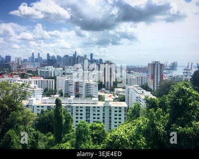 Blick auf Singapurs Stadtlandschaft mit zahlreichen Wohnhochhäusern, umgeben von dichtem Grün. Die Skyline umfasst moderne Wolkenkratzer im B Stockfoto
