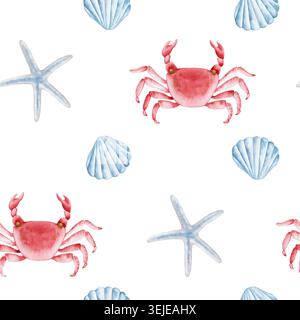 Nahtloses Aquarellmuster mit roten Krabben, blauen Seesternen und Muscheln isoliert auf weißem Hintergrund. Nautisches Digitalpapier für Strandbranding, Stockfoto