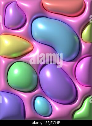 Abstrakte, farbenfrohe, glänzende Luftpolsterformen, eingebettet in eine glänzende rosafarbene Oberfläche. Moderne, weiche Hintergrundtextur, 3D-Rendering-Illustrationen Stockfoto
