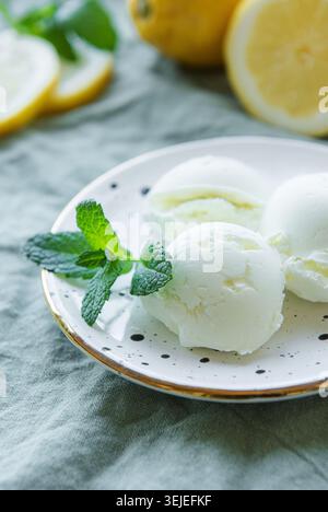Hausgemachtes Zitrus-Zitroneneis mit Minze Stockfoto