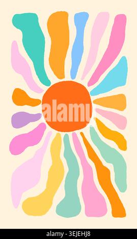Bunte groovige Sommer Sonne Vektor Hintergrund, Feiertag Boho Tapete, Flyer, Broschüre Stock Vektor
