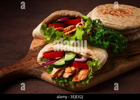 Shawarma in Pitabrot, Huhn, mit Gemüse, hausgemacht, keine Leute, Stockfoto