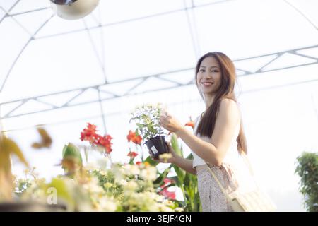 Glückliche junge asiatische Frau lächelt mit Topfpflanze in der hellen Gewächshausschule und genießt zwangloses Gartenarbeit-Hobby mit fröhlichen, fröhlichen Emotionen Stockfoto