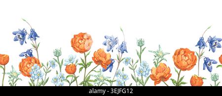Eine lebendige, nahtlose Aquarellgrenze mit Wildblumen und Bergblumen Stockfoto