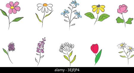 Blume Tattoo Kollektion. Vektor-Illustration abstrakter, minimalistischer botanischer Pflanzen im Holzkohle- oder Pastellstil. Set handgezeichneter, farbiger Blumen Stock Vektor