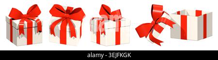 Set aus weißen 3D-Geschenkboxen mit roten Bändern in verschiedenen Winkeln isoliert auf weißem Hintergrund, Panoramaausrichtung Stockfoto
