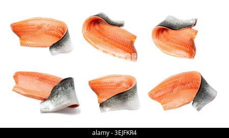 Frisches Lachsfilet Set isoliert, roher norwegischer roter Fisch, Forellenfleisch Stück, großes frisches Atlantisches Lachsfilet auf weißem Hintergrund Stockfoto