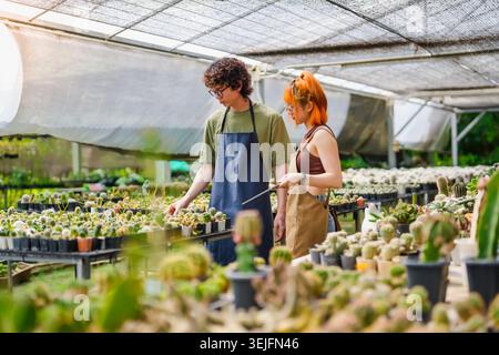 Junge asiatische Mann und Frau Cactus Farm Besitzer pflegen gemeinsam Pflanzen mit Tablet für kleine umweltfreundliche Unternehmen Stockfoto