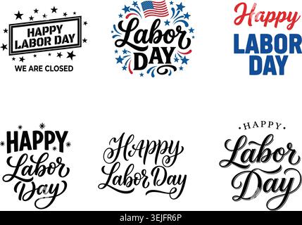 Happy Labor Day Typografie Bundle Collection mit amerikanischer Flagge und stilvollen Vektormotiven Stock Vektor