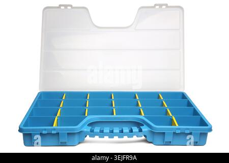 Kunststoffbox Organizer für Schrauben, Bolzen, Dübel und einige Werkzeuge auf weißem Hintergrund Stockfoto