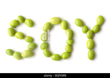Inschrift Soja aus Sojabohnen Stockfoto