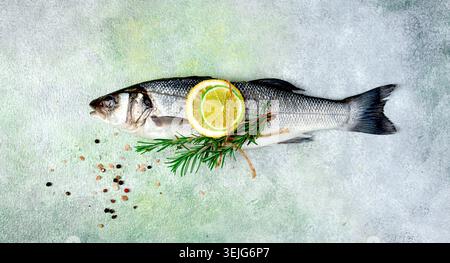 Frisch, roh, Wolfsbarsch Fisch, mit Gewürzen und Zitrusfrüchten, ein Stück, Blick von oben, keine Leute, Stockfoto