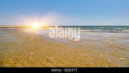 Flaches, klares Wasser an einem Sandstrand, mit sanften Wellen, die über das Ufer plätschern. Klarer blauer Himmel. Stockfoto