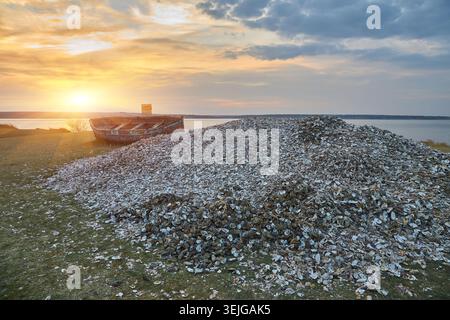 Ein großer Haufen Austernschalen befindet sich am Ufer eines Gewässers mit einem alten, verwitterten Boot in der Nähe. Der Himmel ist eine Mischung aus Wolken und Sonnenuntergangsfarben. Stockfoto