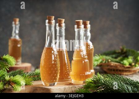 Hausgemachter Kräutersirup mit jungen rohen Fichtenspitzen, die im Frühjahr geerntet werden, und Zucker Stockfoto