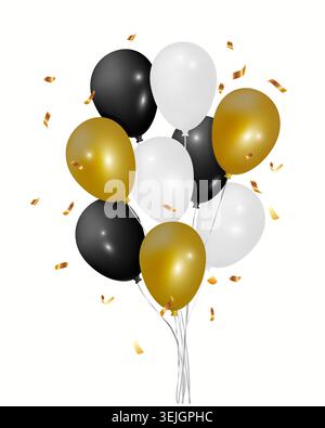 Goldene, weiße und schwarze Ballons und geschwungene Stücke auf weißem Hintergrund. Vektordesign. Stock Vektor