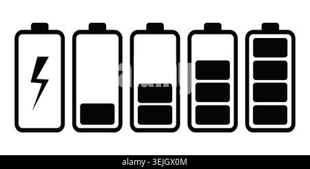 Schwarze Anzeigesymbole für Akkuladung. Ladezustand des Telefons. Vektordesign. Stock Vektor