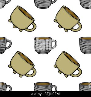 Nahtloses Vektormuster von Kaffeetassen mit Vintage-Textur, perfekt für Café-Dekor und Getränke-Branding. Stock Vektor