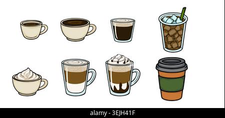 Satz von Vektor-Kaffeegetränken und -Tassen, isoliert auf weißem Hintergrund Stock Vektor