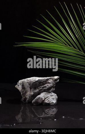 Elegantes Podium aus rauem Naturstein mit grünem Palmblatt, Wasser als Strand in der frischen Sommernacht zur Präsentation der Verpackung, Produkt an Stockfoto