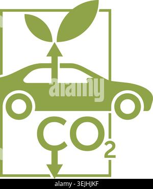 Fahrzeuge mit geringem CO2-Ausstoß – Transport, der niedrige oder Null-Emissionen erzeugt. Elektro- oder Wasserstoff-Brennstoffzellenauto. Flaches grünes Emblem in rechteckigem Design Stock Vektor