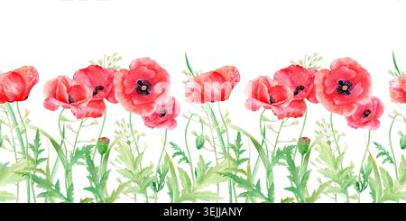 Nahtloser Rand mit rotem Mohn und grünem Laub isoliert auf weiß. Handgezeichneter Blumenstreifen für Sommertextilien und Hochzeitseinladungen Stockfoto