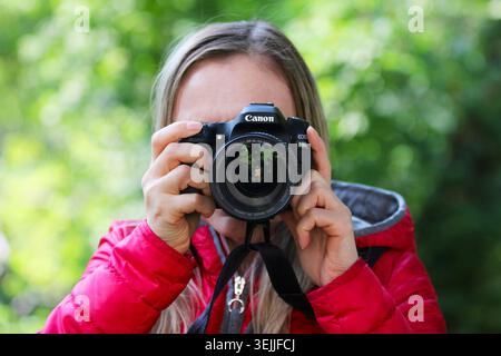 Eine Fotografin verdeckt ihr Gesicht mit einer Canon DSLR-Kamera, während sie draußen vor einem unscharfen grünen Hintergrund ein Foto macht. Stockfoto