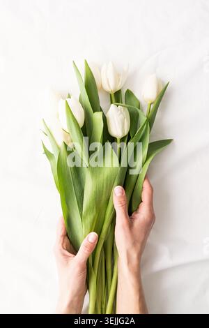 Weißes Tulpenstrauß auf weißem Stoffhintergrund für Modelldesign Stockfoto