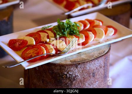 Frischer Caprese-Salat mit Tomatenscheiben, Mozzarella und grünem Basilikum auf einer weißen Platte, serviert am Buffet. Stockfoto