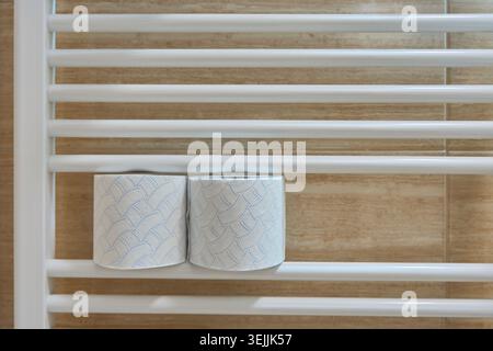 Zwei Rollen weiß geprägtes Toilettenpapier auf einem beheizten Handtuchhalter in einem modernen Badezimmer. Stockfoto