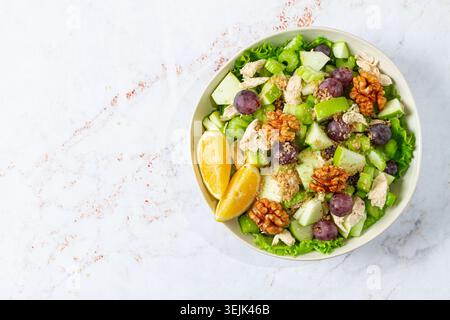 Frischer Waldorfsalat, Selleriehalm mit Huhn, Apfel und Walnüssen, Trauben, Kräuter, hausgemacht, ohne Menschen, Stockfoto