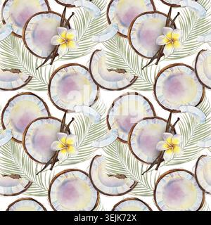 Nahtloses Aquarellmuster mit Kokos-, Plumeria-, Vanille- und Palmenblättern im tropischen Stil. Illustration für Kosmetik, Verpackungen, Textilien, Spa-Produkte und Sommerdekor. Stockfoto