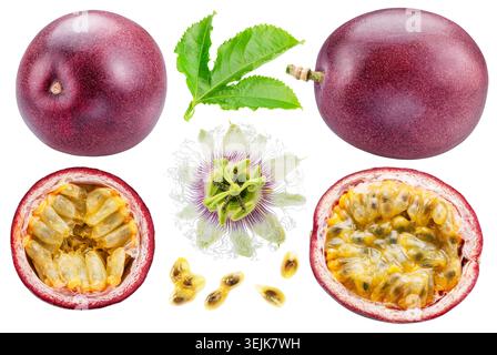 Frische reife Passionsfrucht mit halb Passionsfrucht mit saftigem Fruchtfleisch und Samen, grünen Blättern und Passionsfruchteblüte, isoliert auf weißem Hintergrund mit Stockfoto