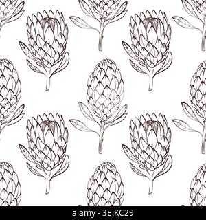Hand gezeichnetes Protea-Muster, nahtloses Blumendesign des schwarzen und weißen Vektors für die Verpackung Stock Vektor