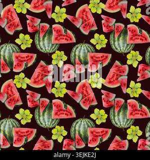 Nahtloses Aquarellmuster mit ganzen Wassermelonen, Scheiben und Blumen. Helle Sommertextur für Stoffe, Verpackungen, Geschenkpapier, Scrapbooking und saisonales Design. Stockfoto