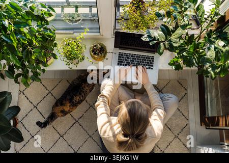 Heimbüro für Telearbeit in Quarantäne: Geschäftsfrau tippt E-Mails auf dem Laptop am Fenster Stockfoto