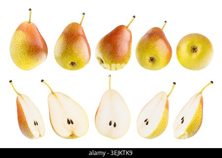 Gruppe von hellen frischen gelben bartlett-Birnen mit gesprenkelter roter Seite, Nahaufnahme, isoliert. Ganz, Scheiben von verschiedenen Seiten, Studi Stockfoto