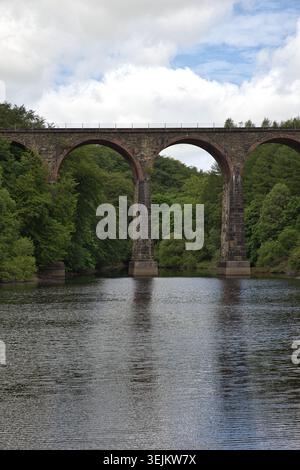 Ein vertikaler Blick auf die hoch aufragenden Steinsäulen und Bögen des Armsgrove Viaduct, das sich in das plätschernde Wasser des Wayoh Reservoir, Großbritannien, spiegelt. Stockfoto