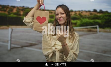 Frau zeigt mit dem Finger auf die Papiertüte mit rotem Herzen auf dem Tennisplatz, hält den Griff und lächelt breit; liebe Freude. Stockfoto