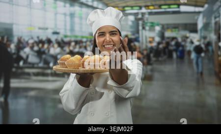 Küchenchefin hält hölzerne Tablett mit Muffins und macht Fingerherz Geste im Flughafenterminal; Gastfreundschaft Freude. Stockfoto
