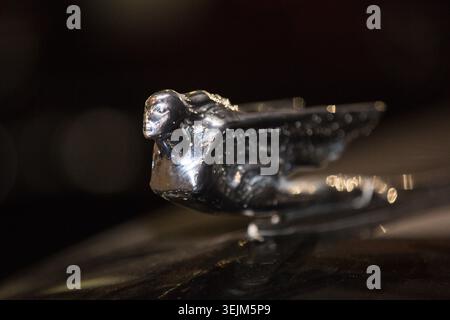 Oldtimer-Chrom-Autohaubenschmuck Aus Nächster Nähe Stockfoto
