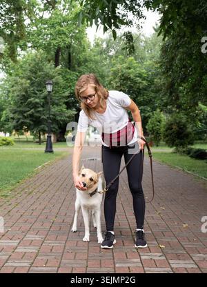 Junge Frau, die Ausbildung ihres Hundes in einem park Stockfoto