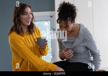 Verschiedene weibliche Freunde plaudern, schlürfen von einem grauen Becher auf der Theke in der Küche, tragen Strickpullover. Frauen, Gefährten, gemütlich, tun Stockfoto