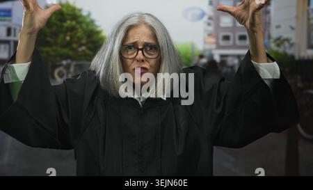 Richterin mit erhobenen Händen auf der Straße in der Stadt in schwarzem Gewand und Brille, graues Haar sichtbar; Frustration Autorität Spannung. Stockfoto