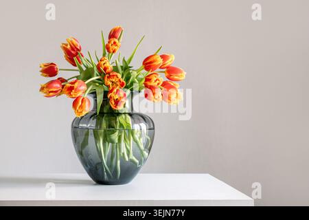 Orangen-Tulpenstrauß in Glasvase minimales Frühlingsstillleben Stockfoto