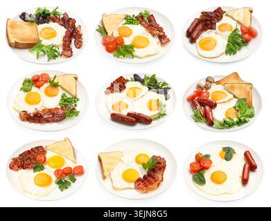 Leckere Spiegeleier zum Frühstück isoliert auf weiß, Set Stockfoto